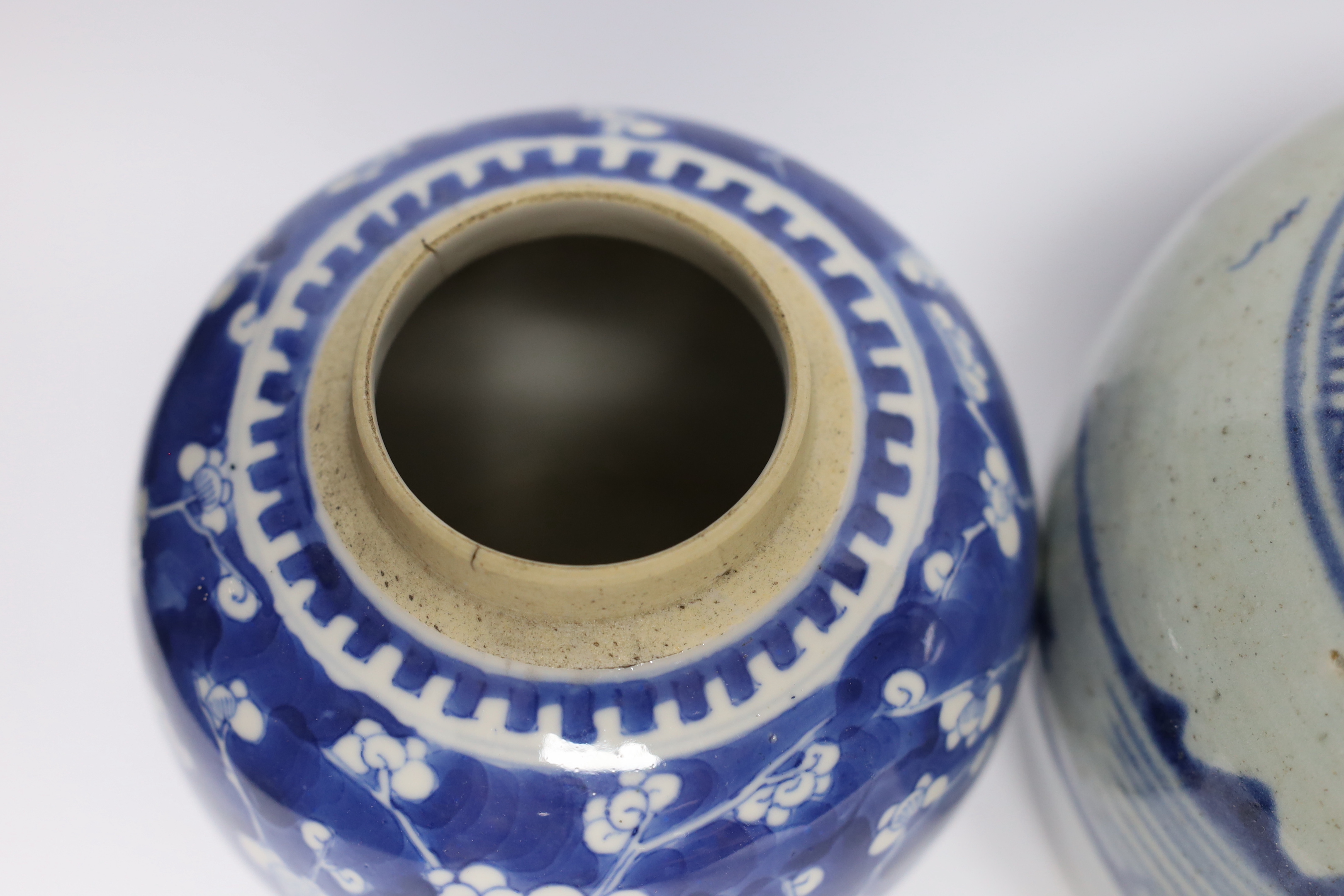 A collection of Chinese blue and white ginger jars including seven prunus flower examples, largest 18cm high
